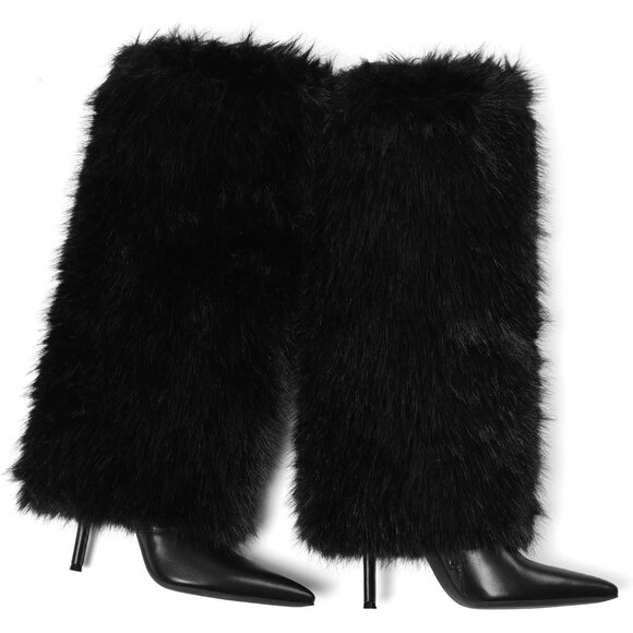 Women's A-black Kalstage Fur Knee High Heeled Wide Calf Party Fashion Boots - Picture 3 of 7